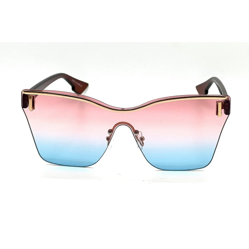 Oversized Shield Sunglasses Pink Blue Gradient Lens Rimless Gold Trim Butterfly